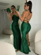 2024 neue Schnürung Frauen solide Satin Maxi kleid rücken frei Bodycon sexy Streetwear Party elegante Festival Abend Sommer langes Kleid