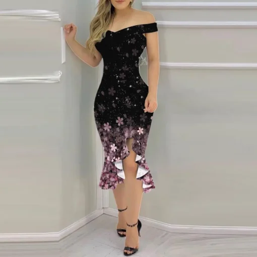 2024 sommer Formale Kleid Floral Gedruckt Off Schulter Unregelmäßigen Split Rüschen Hem Slit Asymmetrie Bodycon Kleid für Hochzeit Party