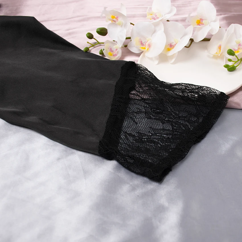 Black Long Sleeve Patchwork Lace Pyjamas Satin Robe