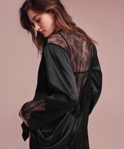 Black Long Sleeve Patchwork Lace Pyjamas Satin Robe