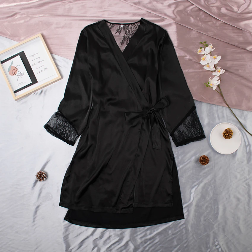 Black Long Sleeve Patchwork Lace Pyjamas Satin Robe