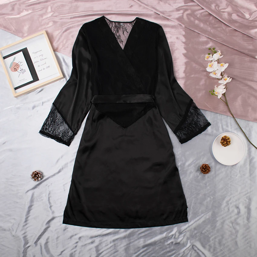 Black Long Sleeve Patchwork Lace Pyjamas Satin Robe