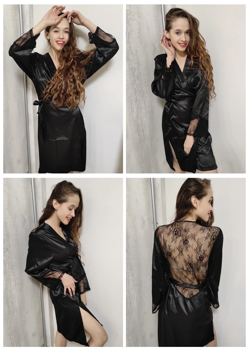 Black Long Sleeve Patchwork Lace Pyjamas Satin Robe